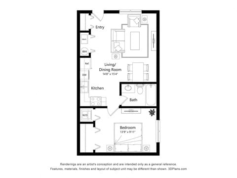Floor plan for studio, 1 bath, 650 sqft